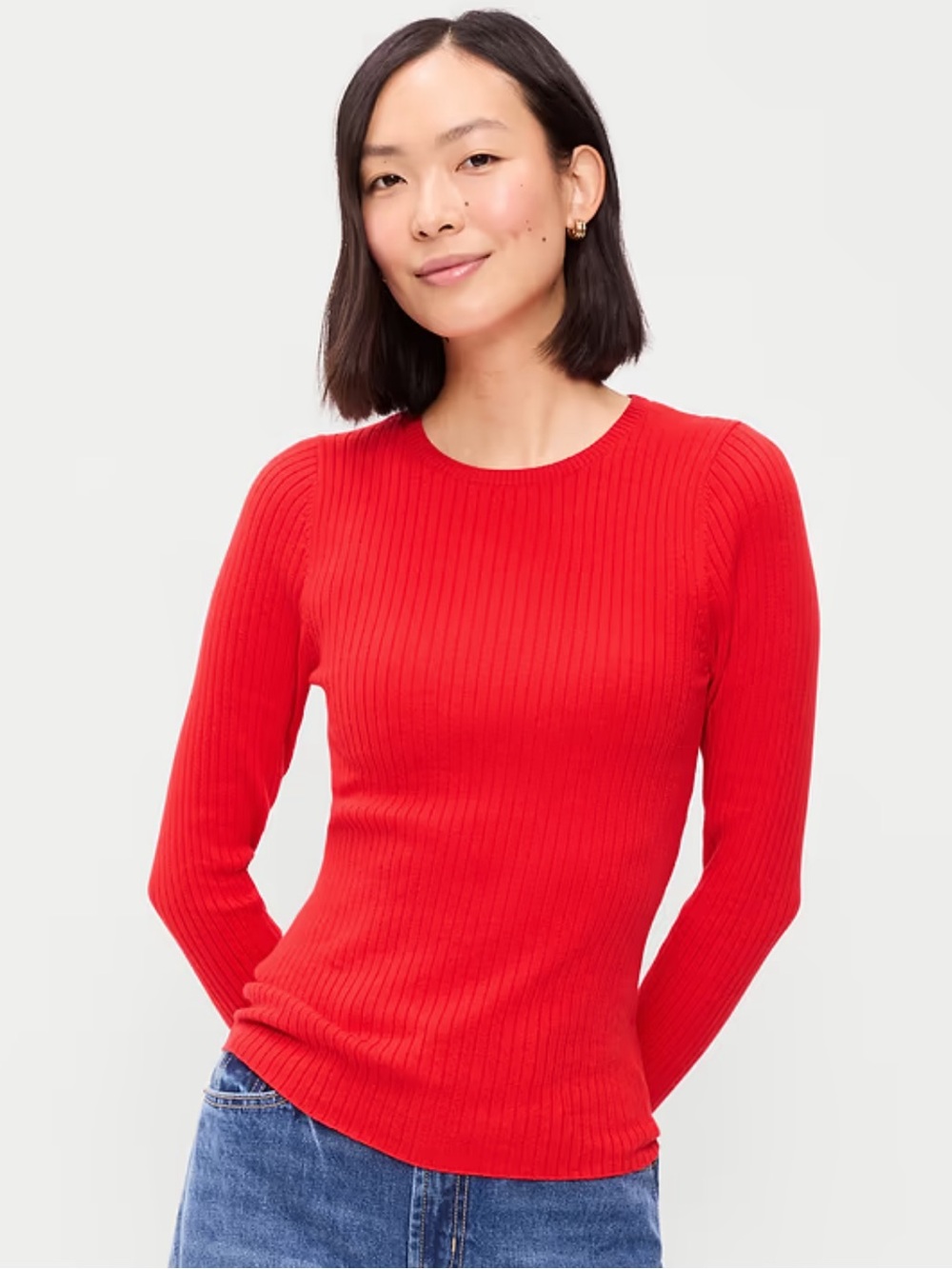 Women's Ribbed Long-Sleeve Sweater Top - Red